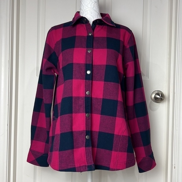 Orvis Buffalo Plaid Pink & Navy Blue Fleece Lined Shirt Jacket Shacket -Size Med - Picture 10 of 16